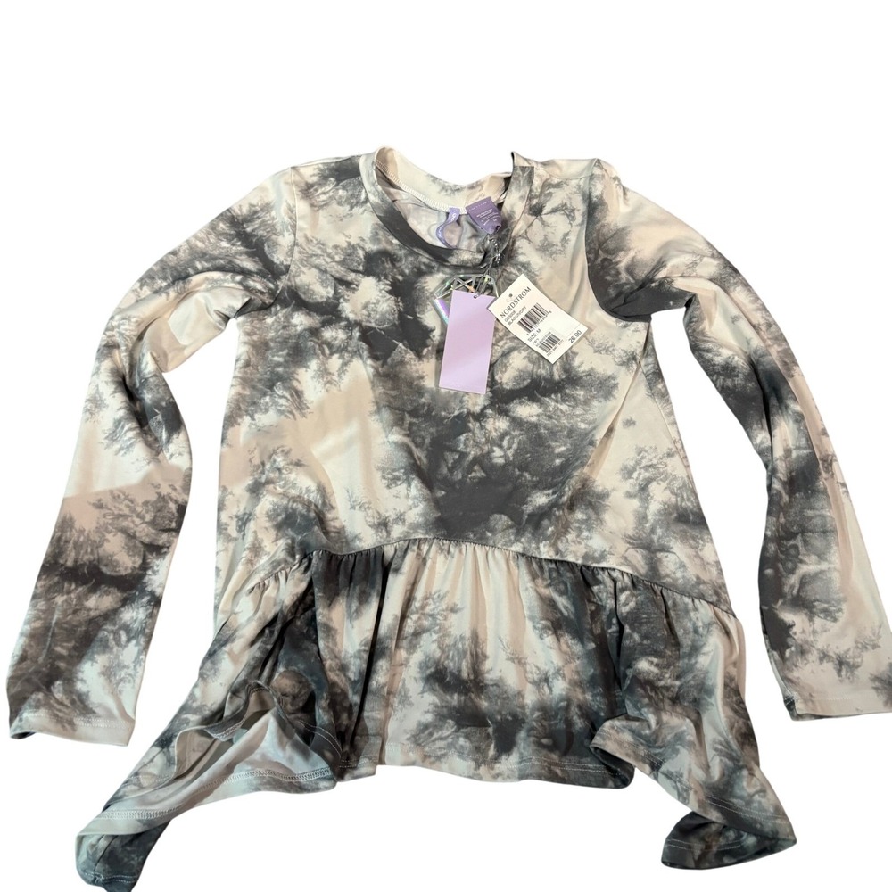Good Luck Peplum Top Girls Size M Black Ivory Tie Dye Long Sleeve Nordstrom